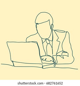 Businessman thinking linear design, continuous line art, Thoughtful man with laptop outline. Vector