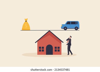 Businessman thinking to loan house and car. Financial and business risk, banking loan and debt risk, stability or balance of economics.