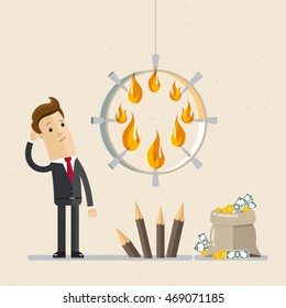 Businessman is thinking and looking at  burning ring. Investment risk, big profit Vector, illustration, flat