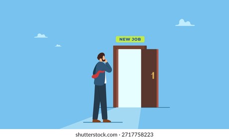 Businessman thinking and make decision to exit bright future opening door with sign on top as New Job. New job challenge, make decision for new opportunity in work or career development.