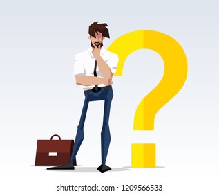 Businessman thinking. Thinking man surrounded by question marks and idea brainstorm. brainstorm flat cartoon design illustration isolated on white background.