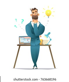 Businessman thinking. Thinking man surrounded by question marks and idea. Vector flat cartoon design illustration isolated on white background.