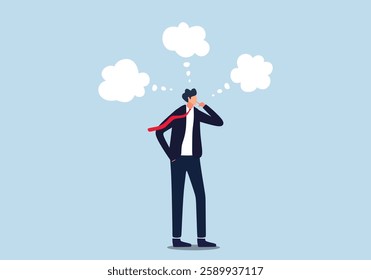 businessman thinking with many thinking bubbles. Too many thinking ideas, overwhelmed issues or busy problem to be solved.