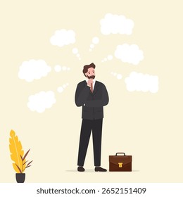 Businessman thinking with many thinking bubbles. Too many thinking ideas, overwhelmed issues or busy problem to be solved, contemplation solutions for troubles. Anxiety concept. vector illustration