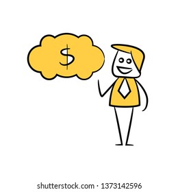 businessman thinking of money yellow doodle theme
