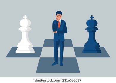 Businessman thinking of next step. Business risk or challenge. Decision making. Vector illustration. Planning tactic. Developing a new strategy. Business concept. Vector illustration flat design.