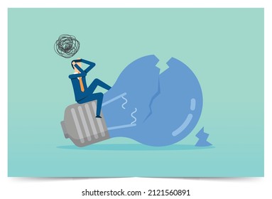 Businessman thinking on broken lightbulb, finding solution to solve problem, critical thinking, problem solving skill, Vector illustration design concept in postcard template
