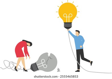 Businessman thinking on broken lightbulb, finding solution to solve problem, critical thinking, problem solving skill, Vector illustration design concept in postcard template

