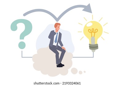 Businessman is thinking on bubble connect question mark to lightbulb solution. Problem solving skill,finding solution to solve problem, answer question.

