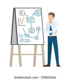 Businessman thinking on plan shown on interactive board, dressed in suit and blue tie, vector illustration isolated on white background
