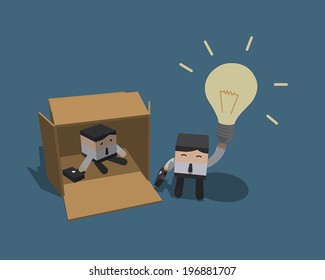 Businessman thinking outside the box concept, White shirt with black necktie, Flat cartoon vector EPS10
