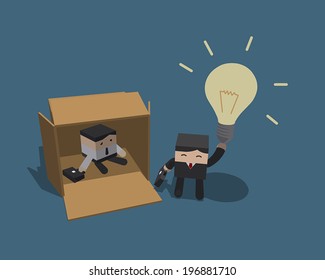 Businessman thinking outside the box concept, Black suit with red necktie, Flat cartoon vector EPS10