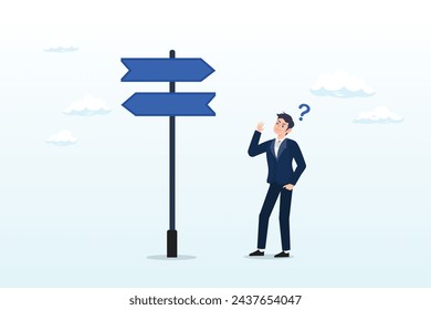 Businessman thinking with question mark choose between 2 direction with copy space, choosing between 2 choices, make decision to the left or right, thinking in difficult situation, confusion (Vector)