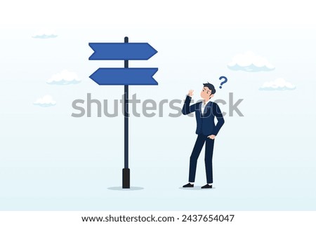 Businessman thinking with question mark choose between 2 direction with copy space, choosing between 2 choices, make decision to the left or right, thinking in difficult situation, confusion (Vector)