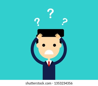 businessman thinking. question mark. funny cartoon character isolated on blue background. vector illustration.