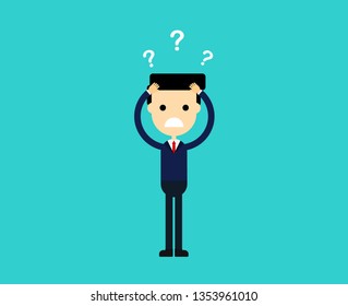 businessman thinking. question mark. funny cartoon character isolated on blue background. vector illustration.