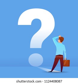 businessman thinking question mark ponder problem business financial concept on blue background flat vector illustration