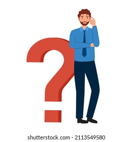 Businessman is thinking with question mark symbol in flat design on white background. Making decision or solving problem.