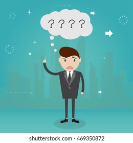 Businessman thinking and question marks above his head, Business concept