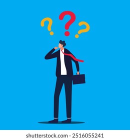 Businessman thinking with question marks, ask questions, FAQ,  doubt and confusion to be answer, problem or curiosity, unknown information or solution, challenge, and uncertainty. VECTOR ILLUSTRATION