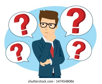 Businessman thinking, question mark.Thinking, contemplating, asking, himself.Vector illustration