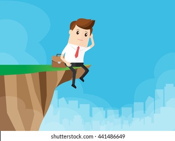 businessman thinking solution sitting on top cliff rock