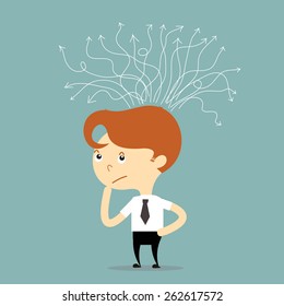 businessman thinking for solution with white arrow vector