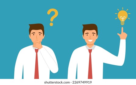 Businessman thinking and solving problem concept. Employee with question mark and lightbulb in flat design.
