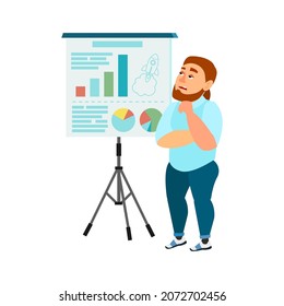 Geschäftsmann denkt über Startup Presentation Vector nach. Müde und gelangweilt kaukasischer Geschäftsmann Denken und Recherchen Infografiken. Bericht der Zeichenforschungsfirma Flat Cartoon Illustration