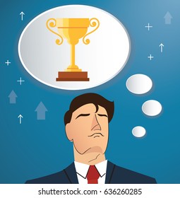 businessman thinking of trophy vector, business concept illustration
