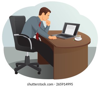 Businessman is thinking under stress. He is looking at the laptop screen.