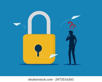 Businessman thinking to unlock the lock. vector 