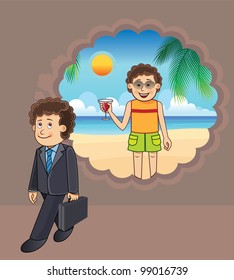 Businessman thinking of a vacation at the beach
