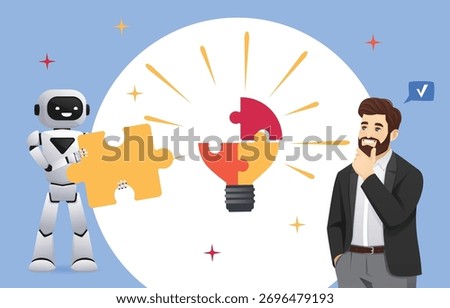 Businessman thinking while robot gives him puzzle piece from glowing light bulb. Problem solving, creativity, innovation, support. Isolated vector illustration of artificial intelligence technology
