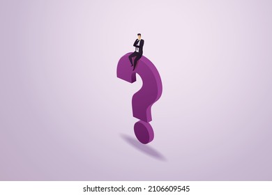 Businessman thinking while sit on question mark. Businesswoman questioning the opportunity and future planning in career. isometric vector illustration.