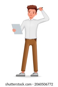 Businessman thinking and working character design. 3d vector illustration.