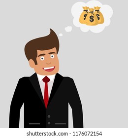 A businessman thinks about money. Vector illustration. Flat design for business financial marketing banking advertising web concept cartoon illustration.