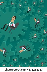 Businessman thinks, gears. Vector illustration.