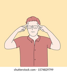 Businessman thinks. Handsome guy with closed eyes holds fingers on temples. Hand drawn vector illustration.