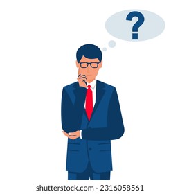 Empresario piensa. El hombre pensó. Pregunta a decidir. Un joven con traje y corbata. Diseño plano de ilustración vectorial. Aislado sobre fondo blanco.