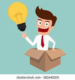 Businessman thinks out of the box and get idea. Cartoon Vector Illustration