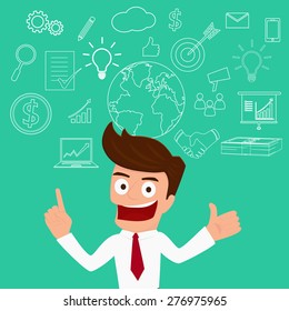Businessman thinks of  plans. Cartoon Vector Illustration.