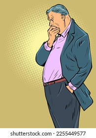 El hombre de negocios pensó. El jefe está parado y pensando. Período difícil, crisis. Dibujo vectorial retro de arte pop estilo años 50 kitsch vintage