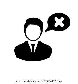 Businessman and thought bubble with cross mark flat illustration. Disagreement, bad decision.