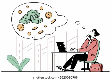 Businessman with thought bubble filled with money, representing dreams of wealth and prosperity. Great for finance, career, and motivational concepts. Flat vector illustration.