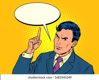 businessman threatens with a finger. Pop art retro vector illustration kitsch vintage 50s 60s style