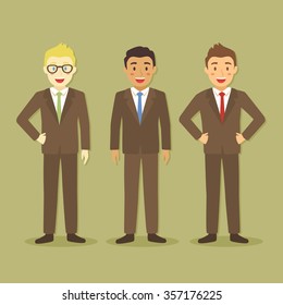 Businessman in Three Different Style. Vector illustration of three businessman with diversity standing in dark brown background.