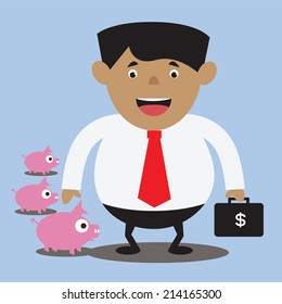 Businessman and three hungry saving pigs