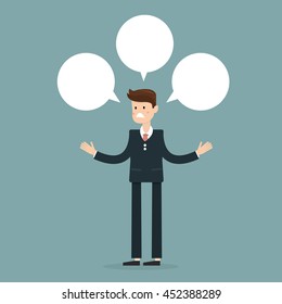 Businessman with three talk bubbles. Business concept illustration.