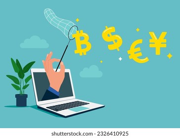 Businessman through the laptop  holding butterfly net catch dollar euro yuan bitcoin money growth wealth exchange. Flat vector illustration.